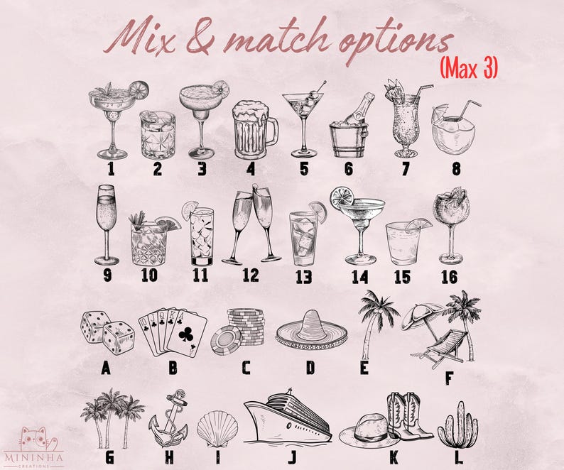 Puede incluir: Una descarga digital imprimible de un juego de fiesta de c&oacute;cteles para mezclar y combinar. La imagen muestra 16 ilustraciones de c&oacute;cteles diferentes, 8 ilustraciones de favores de fiesta diferentes y el texto "Mix & match options (Max 3)".