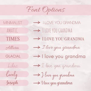 May include: A light pink graphic displays font options with the phrase "I LOVE YOU GRANDMA" in various styles. The fonts include Minimalist, Amatic, Times, Allura, Glacial, Lilac, Lovely, and Joseph.