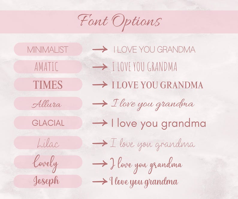 May include: A light pink graphic displays font options with the phrase "I LOVE YOU GRANDMA" in various styles. The fonts include Minimalist, Amatic, Times, Allura, Glacial, Lilac, Lovely, and Joseph.