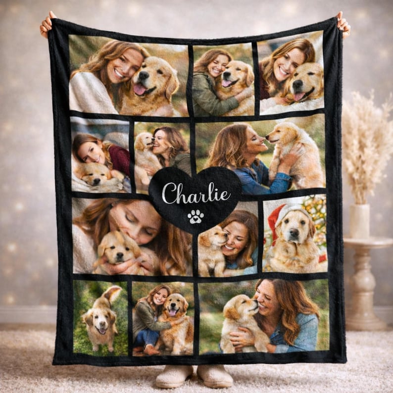 Custom fleece blanket designed for dog moms featuring a collage of dog photos with personalized name in the center and multiple affectionate pet moments