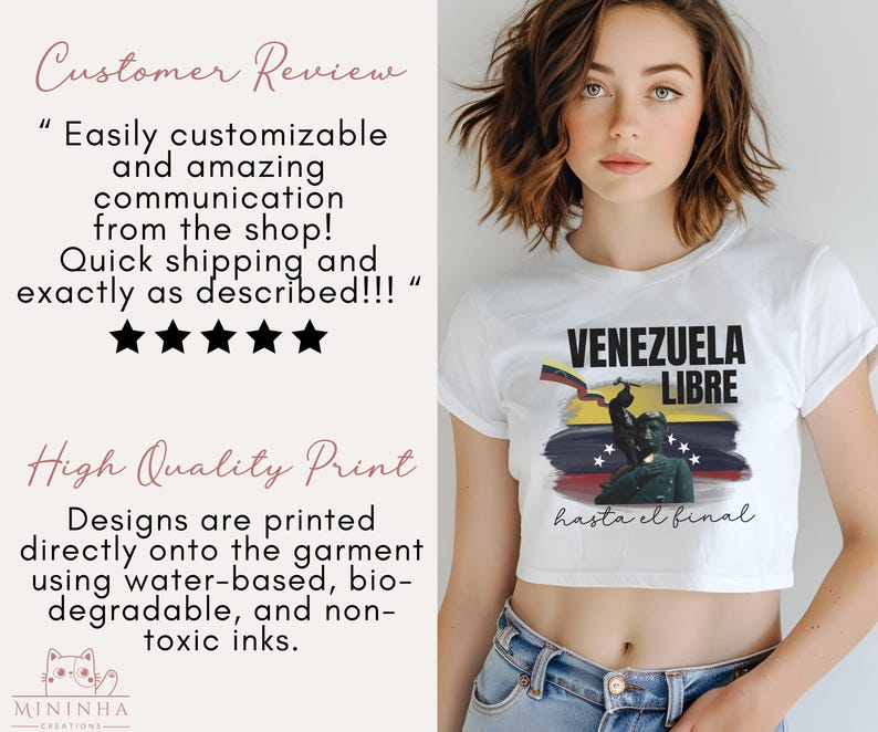 May include: White cropped t-shirt with a graphic print of a Venezuelan flag and the text "VENEZUELA LIBRE hasta el final".