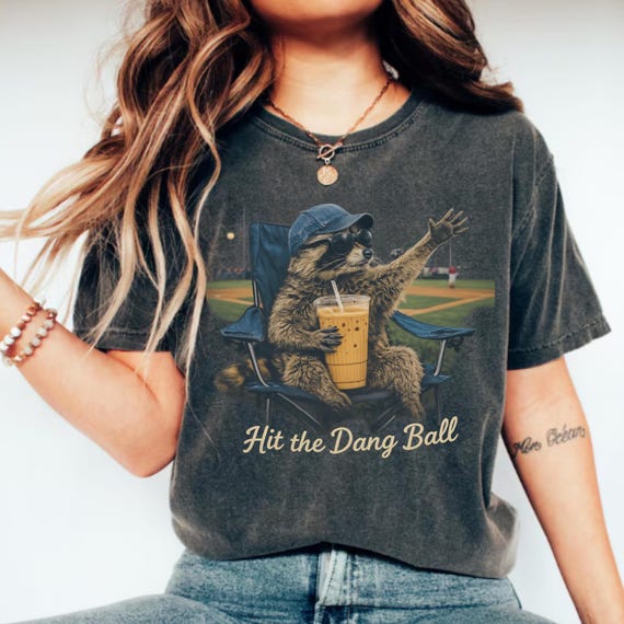 Funny Raccoon Baseball Shirt Hit The Dang Ball, Baseball Mom Gift, Game Day Tee, Iced Coffee Raccoon, Softball Mom Shirt, Ballfield Dark Tee
