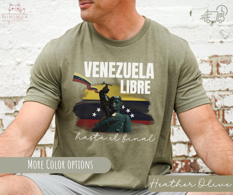 May include: A green t-shirt with a graphic print of a Venezuelan flag, a soldier, and the text "Venezuela Libre hasta el final".