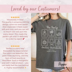 May include: Dark gray t-shirt with a white graphic design featuring stamps with party-themed icons. The text "The Party" and "Amelia's Bachelorette - EST. 2026 - MIAMI, FLORIDA" are also printed on the shirt. The shirt is labeled "Pepper".