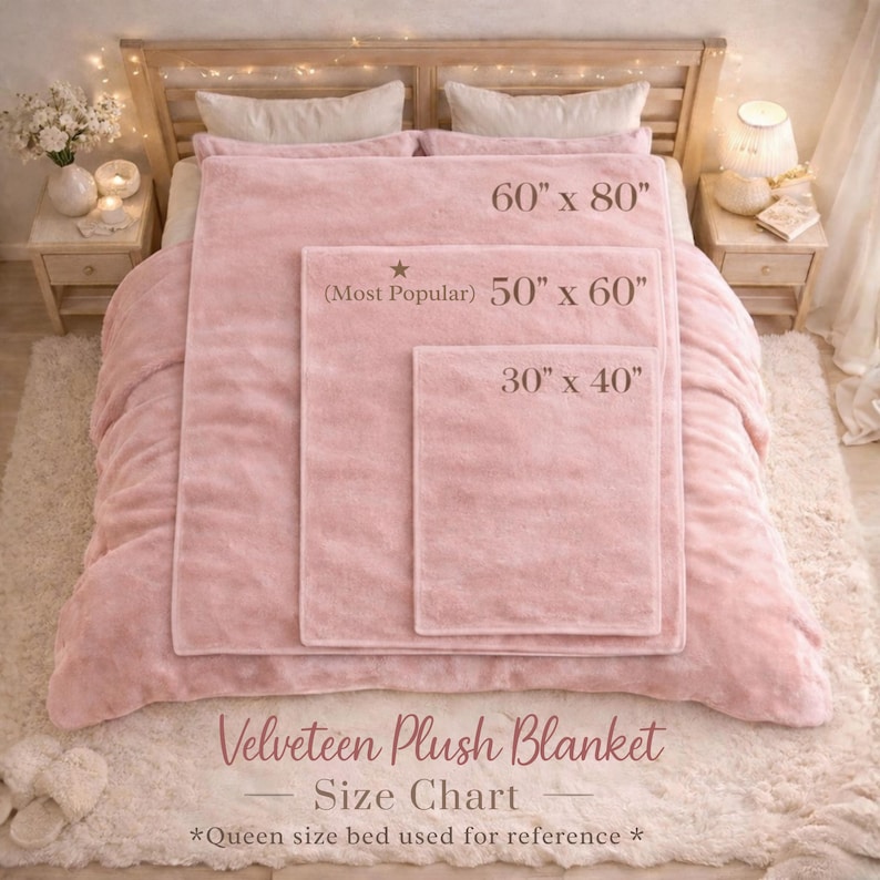 May include: A pink Velveteen plush blanket size chart. The chart shows three blanket sizes: 60" x 80", 50" x 60" (Most Popular), and 30" x 40". The text "Velveteen Plush Blanket Size Chart" is displayed below the blankets. A queen-size bed is used for reference.