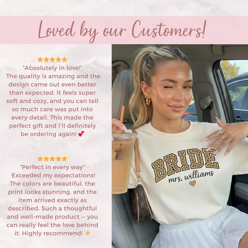 May include: Cream-colored t-shirt with the word "BRIDE" in a leopard print design. The text "mrs. williams" is below the word "BRIDE". The image also includes customer reviews.
