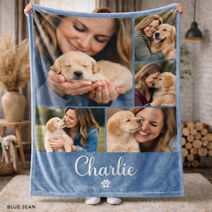 May include: Blue jean fleece blanket featuring a collage of photos with a woman and a golden retriever puppy. The blanket has a blue border and the name "Charlie" in white script, along with a paw print.