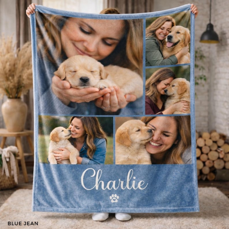 May include: Blue jean fleece blanket featuring a collage of photos with a woman and a golden retriever puppy. The blanket has a blue border and the name "Charlie" in white script, along with a paw print.