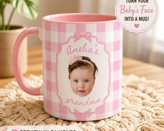 Personalized Baby Face Photo Mug for Grandma Grandpa, Custom Baby Picture Coffee Cup Gift, Stripe Baby Picture Mug New Grandparents Keepsake