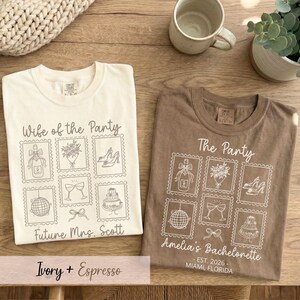 May include: Two ivory and espresso-colored t-shirts with matching graphic designs. The ivory shirt says "Wife of the Party" and "Future Mrs. Scott." The espresso shirt says "The Party" and "Amelia's Bachelorette - EST. 2026 - Miami, Florida."