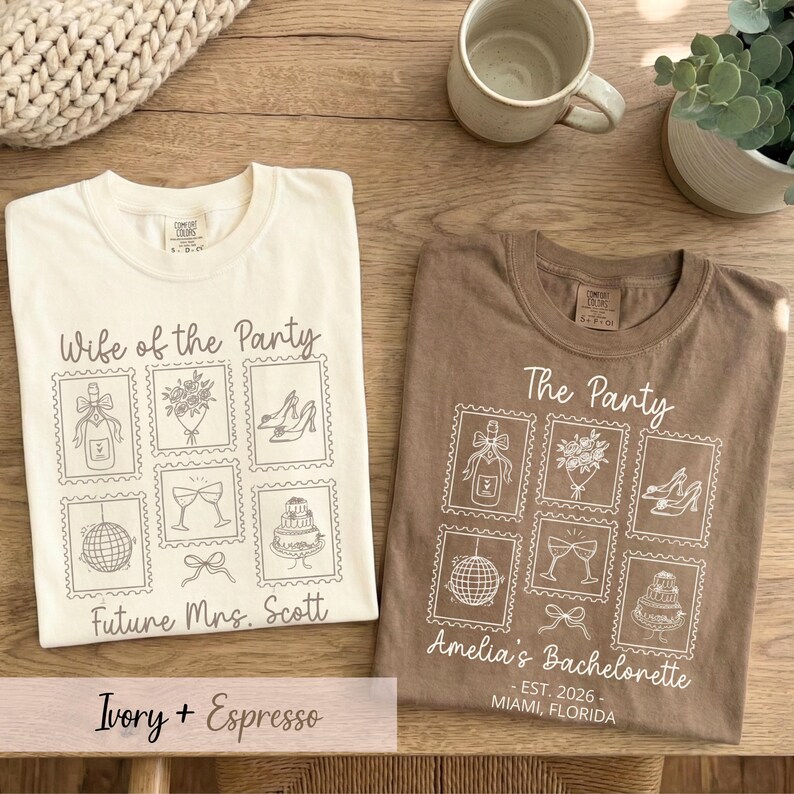 May include: Two ivory and espresso-colored t-shirts with matching graphic designs. The ivory shirt says "Wife of the Party" and "Future Mrs. Scott." The espresso shirt says "The Party" and "Amelia's Bachelorette - EST. 2026 - Miami, Florida."