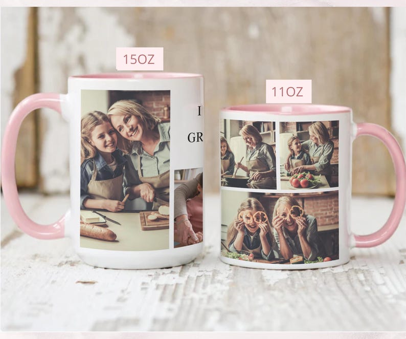 May include: Two white ceramic mugs with pink handles and rims. The larger mug is labeled "15oz" and the smaller mug is labeled "11oz". Each mug features a collage of photos. The mugs are likely personalized gifts.