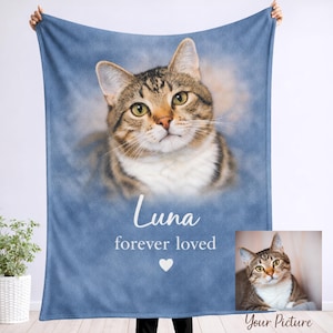 May include: A blue blanket featuring a portrait of a tabby cat. The cat has brown and white fur with green eyes. The blanket has the text "Luna forever loved" and a heart symbol. A smaller image of the cat is in the bottom right corner.