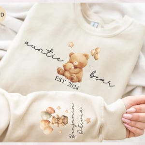 Custom Auntie Bear Sweatshirt with Kids Name on Sleeve, Personalized Auntie Sweatshirt, Gift for Aunts, Auntie with Nieces Nephews Names.