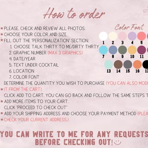 Puede incluir: Instrucciones para pedir un cartel personalizado para una fiesta de c&oacute;cteles. La imagen muestra una lista de instrucciones para pedir un cartel personalizado, incluyendo la elecci&oacute;n de colores, fuentes y gr&aacute;ficos. Tambi&eacute;n hay una tabla de colores con 17 opciones de colores diferentes.
