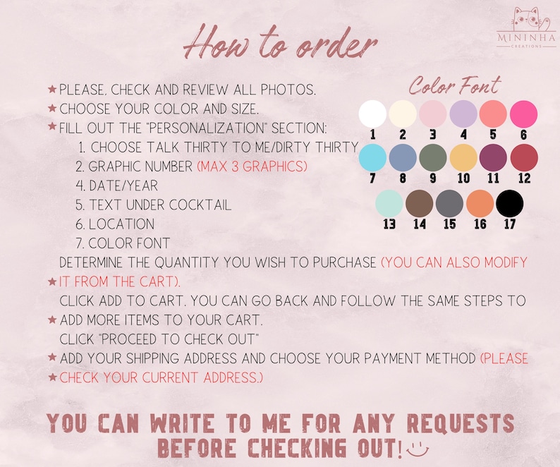 Puede incluir: Instrucciones para pedir un cartel personalizado para una fiesta de c&oacute;cteles. La imagen muestra una lista de instrucciones para pedir un cartel personalizado, incluyendo la elecci&oacute;n de colores, fuentes y gr&aacute;ficos. Tambi&eacute;n hay una tabla de colores con 17 opciones de colores diferentes.