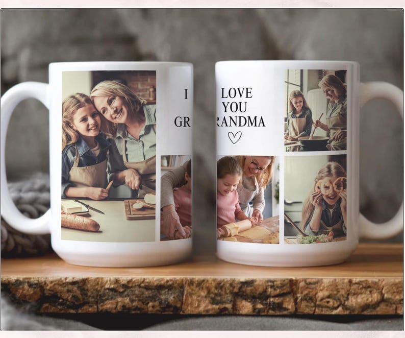 May include: White ceramic mug featuring a collage of photos with a grandmother and granddaughter. The mug has the text "I LOVE YOU GRANDMA" and a heart symbol. The photos show the pair cooking and smiling.