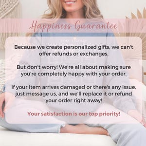 May include: A light blue and white long-sleeve shirt with the text "Happiness Guarantee" and other text. The shirt has a crew neck and is worn by a person. The text on the shirt says "Because we create personalized gifts, we can't offer refunds or exchanges."