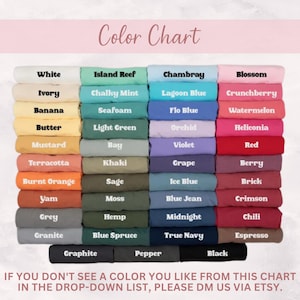 May include: A color chart featuring a variety of fabric swatches in shades like white, blue, green, and red. Each swatch is labeled with its color name, such as "Blossom," "True Navy," and "Mustard." The text "Color Chart" is at the top.