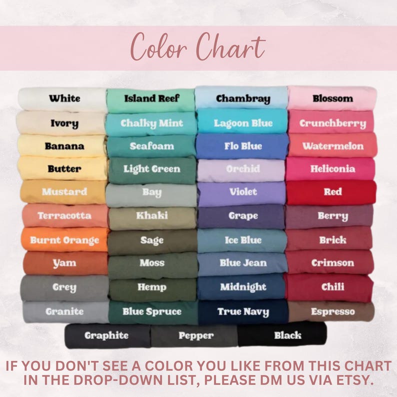 May include: A color chart featuring a variety of fabric swatches in shades like white, blue, green, and red. Each swatch is labeled with its color name, such as "Blossom," "True Navy," and "Mustard." The text "Color Chart" is at the top.