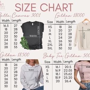May include: Size chart for Bella Canvas 3001, Gildan 18000, Gildan 18500, and Baby Tee Gildan 5000B t-shirts. The chart shows the width and length measurements in inches for each size, from XS to 3XL.
