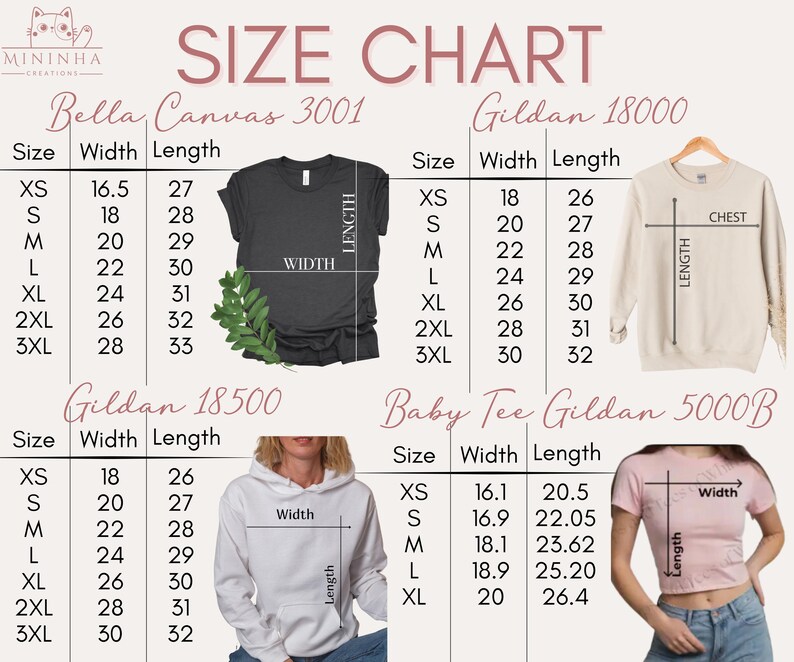 May include: Size chart for Bella Canvas 3001, Gildan 18000, Gildan 18500, and Baby Tee Gildan 5000B t-shirts. The chart shows the width and length measurements in inches for each size, from XS to 3XL.