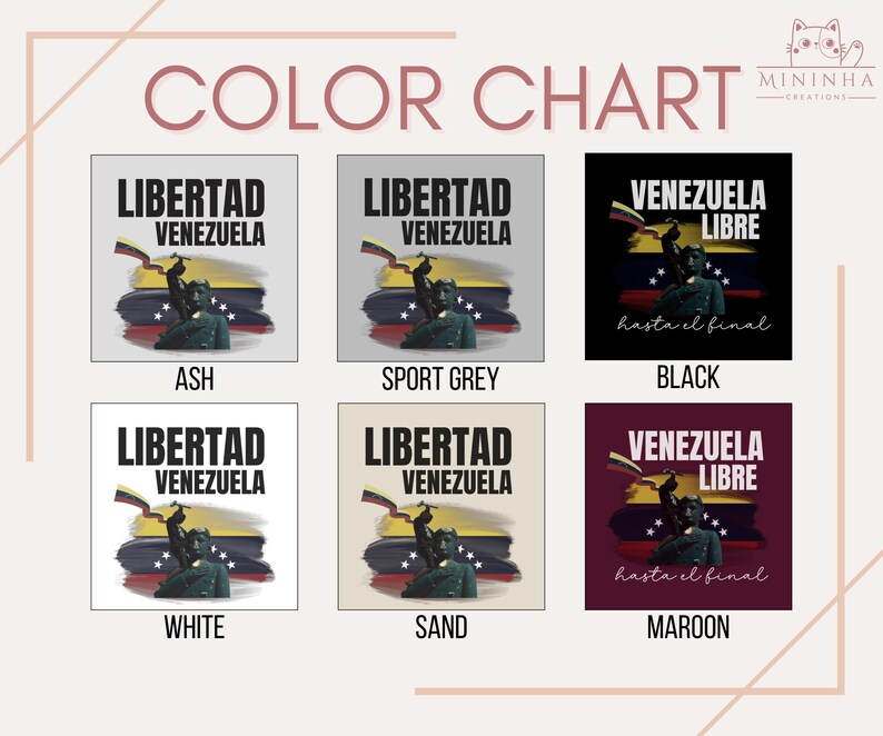 May include: Color chart showing six different t-shirt colors with a graphic design featuring a person holding a Venezuelan flag and the text "Libertad Venezuela" and "Venezuela Libre" with the phrase "hasta el final" in Spanish.
