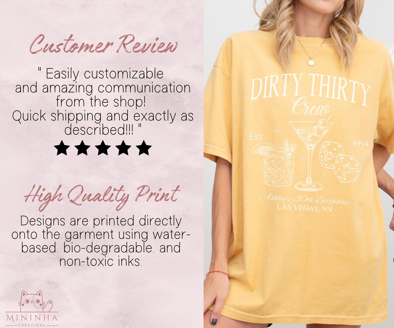 Puede incluir: Camiseta amarilla con el texto "Dirty Thirty Crew" y un gr&aacute;fico de una copa de c&oacute;ctel y dados. El texto "Est. 1994" y "Ashta's 30th Birthday Las Vegas, NV" tambi&eacute;n est&aacute;n impresos en la camiseta.