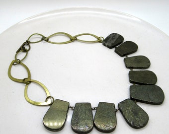 L'or De Fous Necklace - Pyrite slab bead necklace with bronze hardware