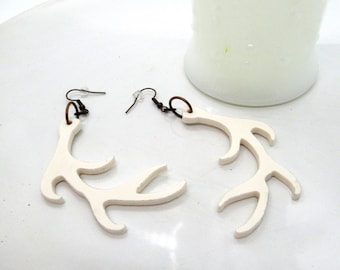 Laser Cut Antler Earrings - Matte Ivory Acrylic, Handmade