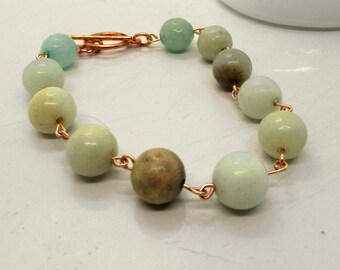 Amazon River Bracelet - Amazonite Beaded Bracelet Toggle Clasp Rose Gold Bright Copper