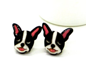 Boston Terrier Face Earrings - laser cut hand painted wood post earrings - Boston Terriers