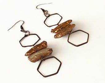Honey Butter Earrings – Geo copper and freshwater pearl earrings