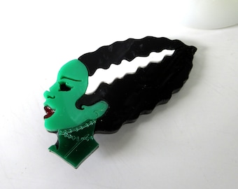 Bride Brooch - laser cut layered acrylic brooch - Bride of Frankenstein - free US shipping