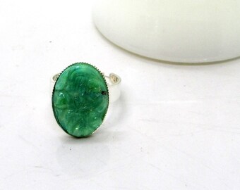 Jade Green Floral Cabochon Ring - Adjustable Band