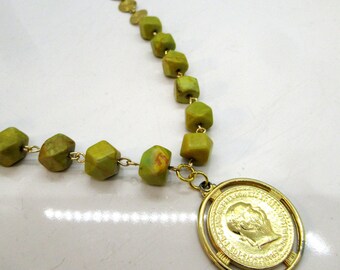Beaucoup Necklace - Serpentine bead necklace with vintage coin pendant - handmade - free US shipping