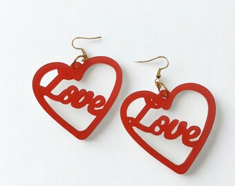 Lovey Dovey Earrings - laser cut frosted poppy red acrylic heart earrings