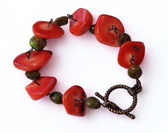 Costa Rica Bracelet - red coral and turquoise beads bracelet - free US shipping