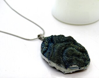 Meteorology Necklace - iridescent druzy stone pendant on silver snake chain necklace