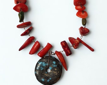 Costa Rica Necklace - coral and turquoise beads - handmade - free US shipping