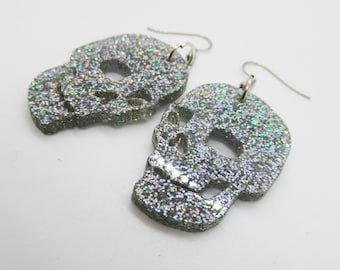 Skull Earrings - laser cut hologram glitter acrylic skull earrings