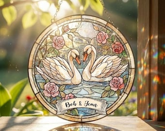 Personalized Swan Couple Glass Suncatcher, Swan Decor, Valentine Custom Stained Glass Art, Wedding Gifts, Anniversary Gifts for Couples