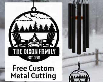 Family Scene Cabin Wind Chime, Personalized Metal Last Name Sign, Custom Decor for Campsite, Farmhouse, Ranch, Anniversary or Wedding Gift