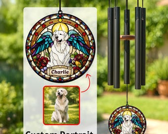 Personalized Dog Portrait Wind Chime, Custom Pet Memorial Stained Glass Photo Suncatcher, Dog Loss Keepsake, Pet Loss Gift