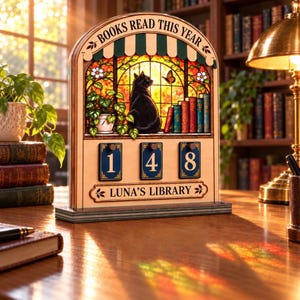 May include: A wooden book tracker sign with an arched top featuring the text BOOKS READ THIS YEAR. It displays a stained glass window illustration with a black cat, a butterfly, and books. Below are three rotating number tiles showing 148 and the text LUNA'S LIBRARY.