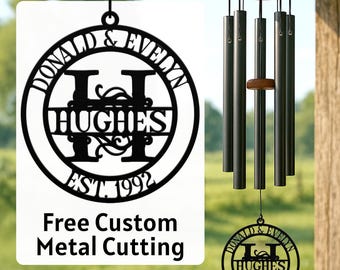 Custom Metal Monogram Wind Chime, Personalized Family Name Sign with Established Date, Wedding Housewarming Gift, Anniversary Keepsake Decor