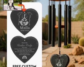Personalized Pet Memorial Wind Chime with Engraved Photo, Custom Dog or Cat Loss Gift, Heart or Round Stone Sail Sympathy Remembrance Gift