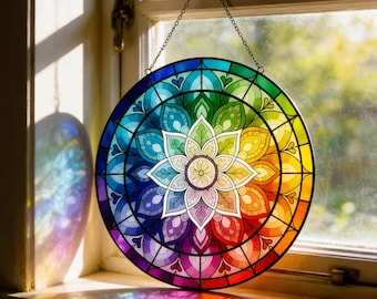 Chakra Stained Glass Suncatcher, Meditation Window Hanging, Yoga Room Decor, Boho Spiritual Sun Catcher, Mindfulness Gift, Rainbow Glass