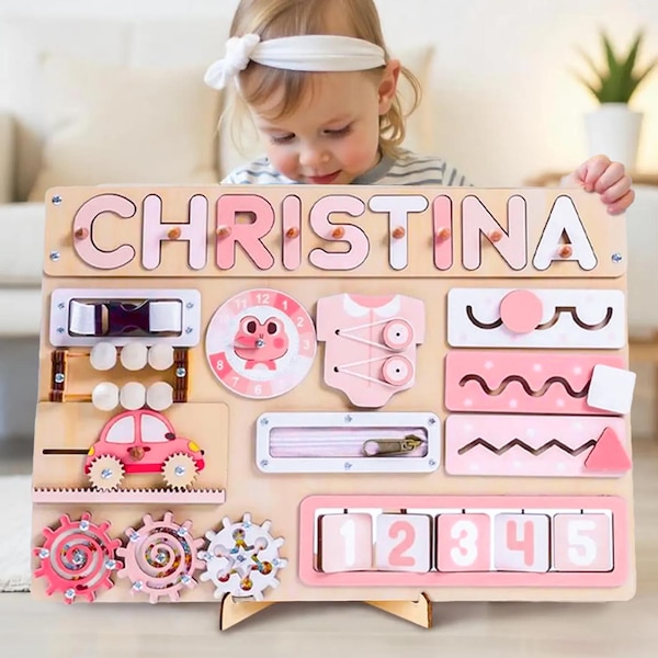 Personalized Wooden Busy Board, Montessori Toy for Toddlers, Baby Shower Gift, 1st Birthday Gift, Educational Toy, Gift for Kids, 3 year old