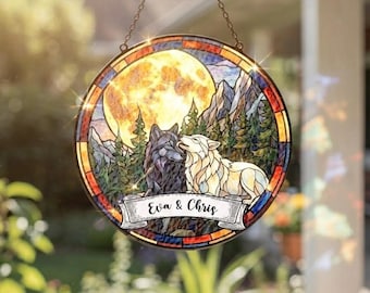 Wolf Couple Stained Glass Suncatcher, Personalized Nature Window Decor, Custom Art for Couples, Wolf Anniversary Gift, Wolf Valentine Gift